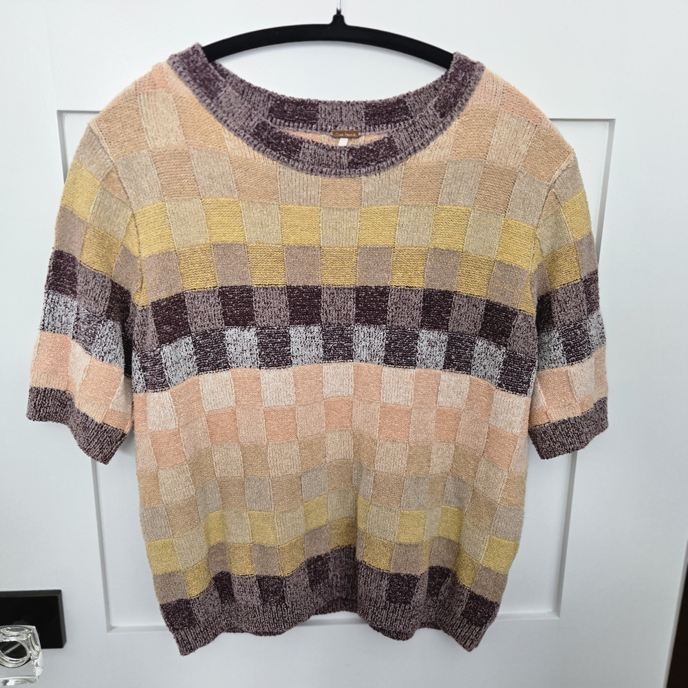 Free People Short Sleeve Colorful Check Pattern Knit Sweater Size Small